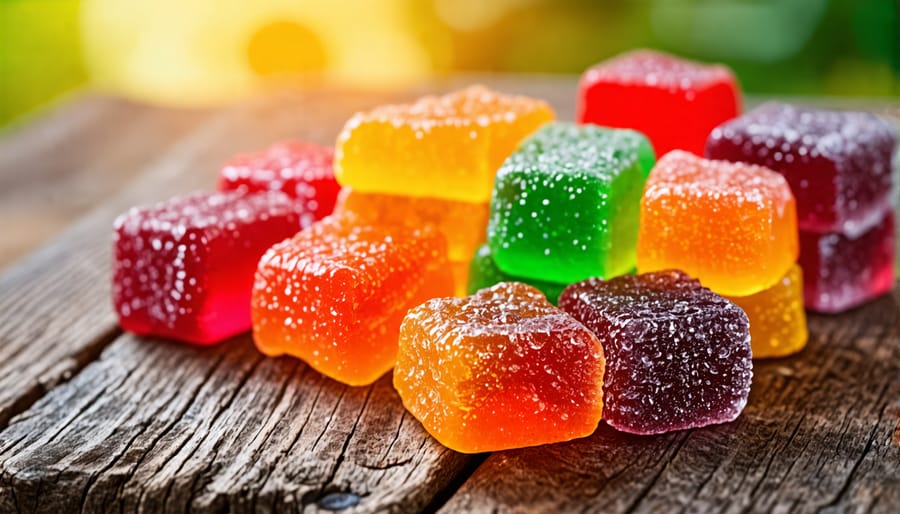 Different colored THC gummies displayed on a wooden table