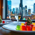 A sophisticated spread showcasing cannabis-infused gourmet dishes and THC gummies with the backdrop of Montreal's cityscape, representing the essence of a culinary tour infused with cannabis innovation.