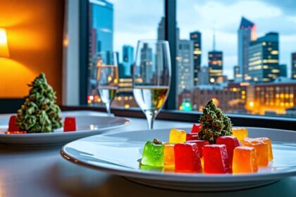 A sophisticated spread showcasing cannabis-infused gourmet dishes and THC gummies with the backdrop of Montreal's cityscape, representing the essence of a culinary tour infused with cannabis innovation.