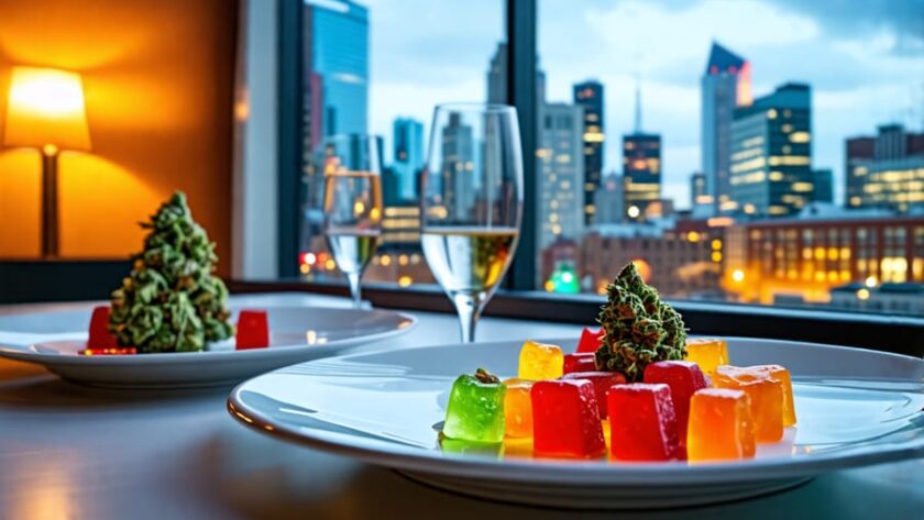 A sophisticated spread showcasing cannabis-infused gourmet dishes and THC gummies with the backdrop of Montreal's cityscape, representing the essence of a culinary tour infused with cannabis innovation.