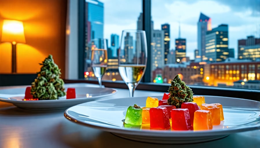 A sophisticated spread showcasing cannabis-infused gourmet dishes and THC gummies with the backdrop of Montreal's cityscape, representing the essence of a culinary tour infused with cannabis innovation.