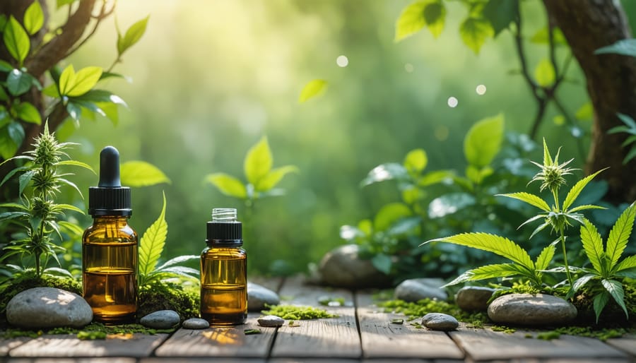 Tranquil garden retreat with CBD oils and wellness products on display