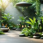 Serene garden setting showcasing tranquil spaces with CBD oils and wellness products, embodying the essence of a calming CBD-infused retreat in Montreal.