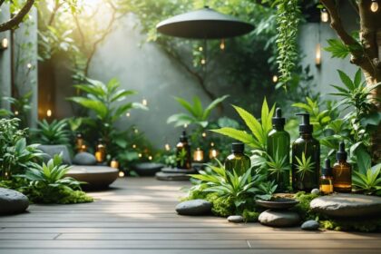 Serene garden setting showcasing tranquil spaces with CBD oils and wellness products, embodying the essence of a calming CBD-infused retreat in Montreal.