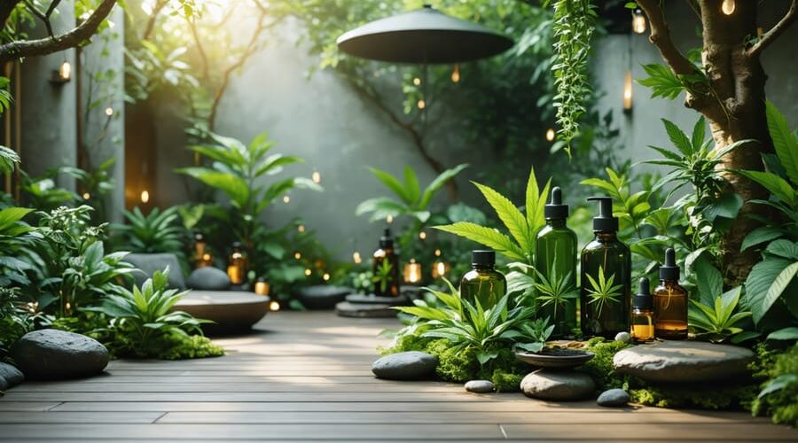 Serene garden setting showcasing tranquil spaces with CBD oils and wellness products, embodying the essence of a calming CBD-infused retreat in Montreal.