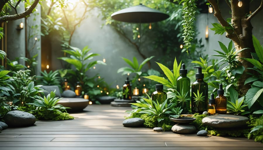 Serene garden setting showcasing tranquil spaces with CBD oils and wellness products, embodying the essence of a calming CBD-infused retreat in Montreal.