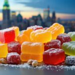 A vibrant display of freeze-dried candies in various textures and shapes set against a backdrop of Montreal's iconic landmarks, illustrating the city's unique blend of culinary innovation and cultural charm.