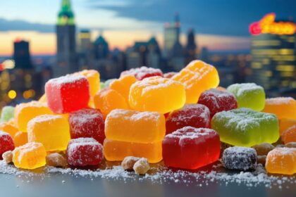 A vibrant display of freeze-dried candies in various textures and shapes set against a backdrop of Montreal's iconic landmarks, illustrating the city's unique blend of culinary innovation and cultural charm.