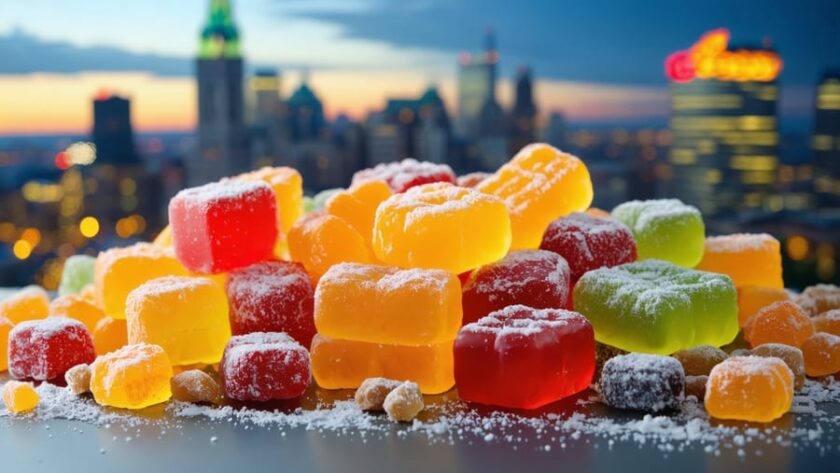 A vibrant display of freeze-dried candies in various textures and shapes set against a backdrop of Montreal's iconic landmarks, illustrating the city's unique blend of culinary innovation and cultural charm.